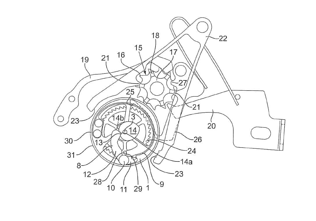 Breitling B03 Patent - Zange offen: der Schleppzeiger dreht sich mit