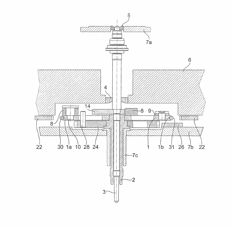 Breitling B03 Patent - Zange offen: der Schleppzeiger dreht sich mit