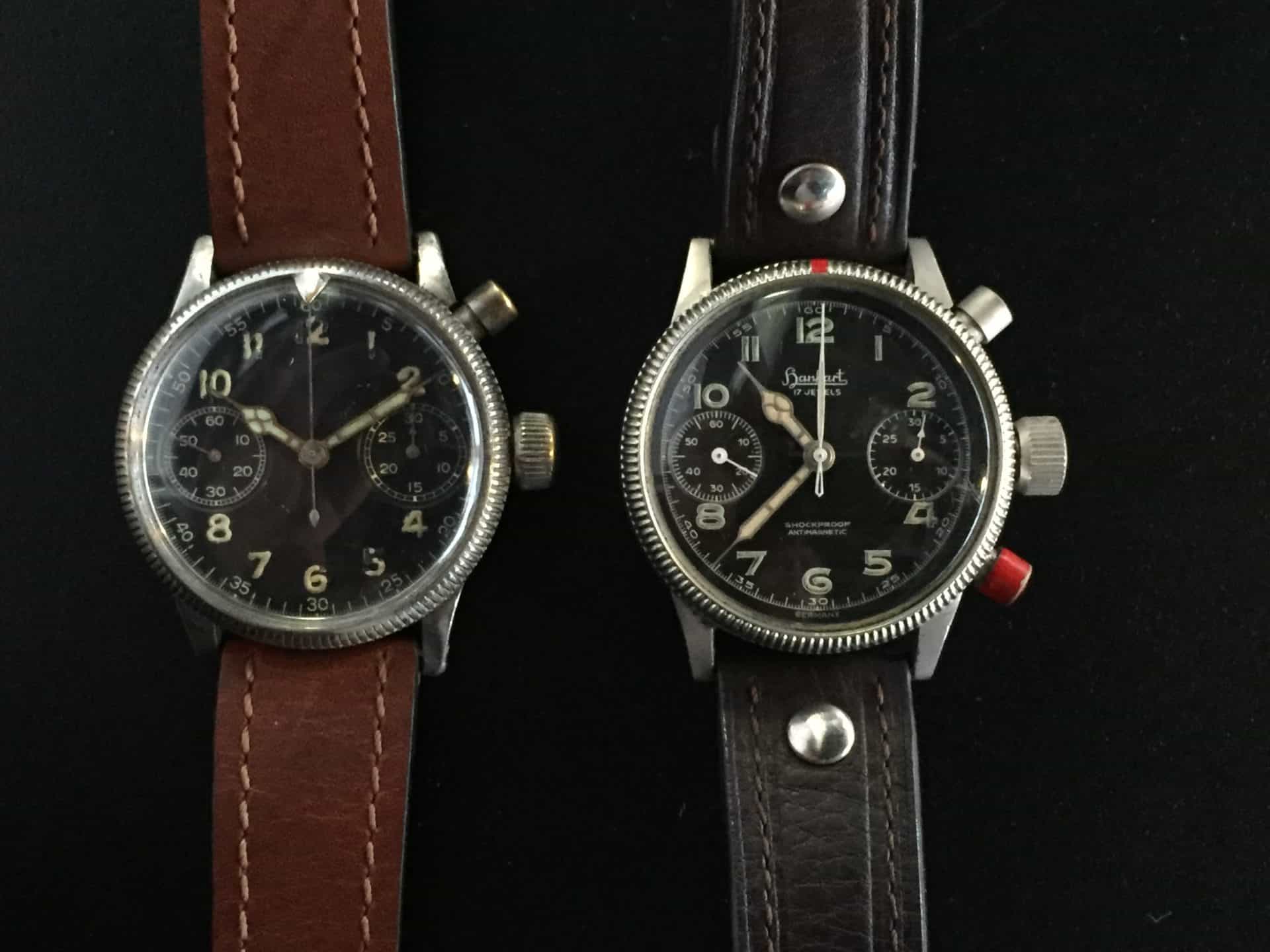 Zwei historische Hanhart Uhren. Die Uhr mit einem Drücker war für die Marine, mit zwei Drückern für die Luftwaffe