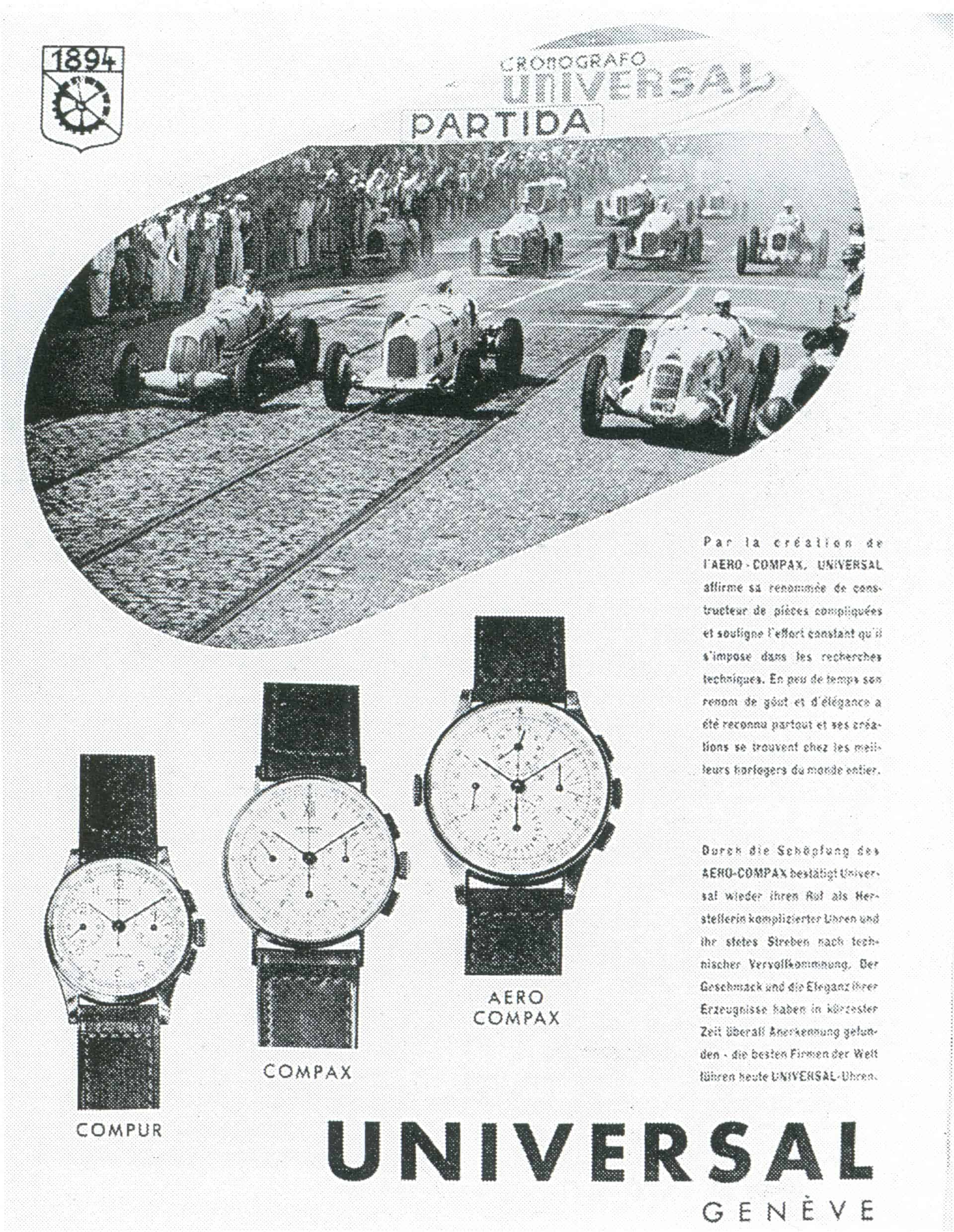 1940 bewirbt Universal Genève die Compur, Compax und Aero-Compax Chronographen