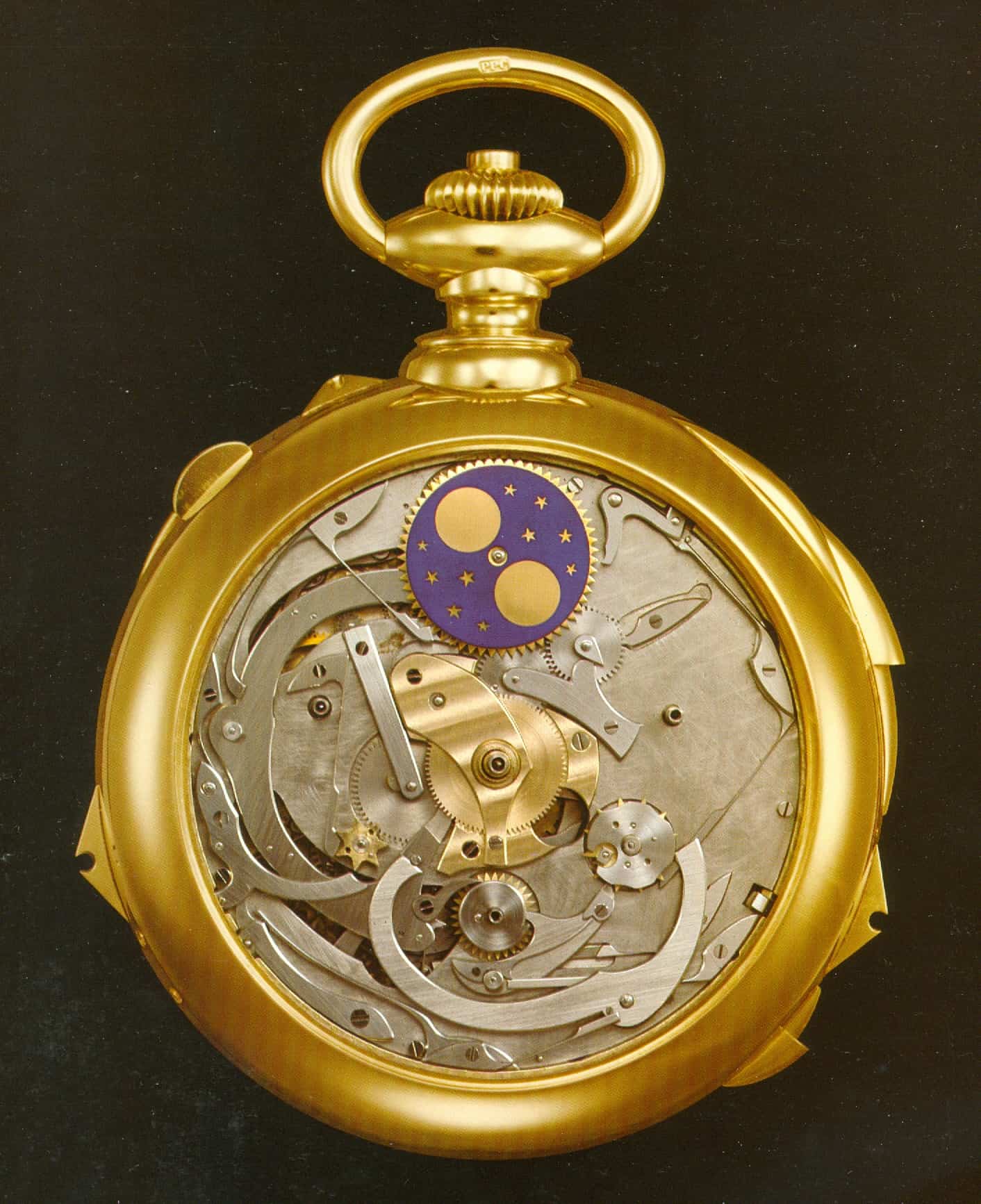 Unter dem Zifferblatt erkennt man das komplizierte Uhrwerk der Henry Graves Jun. Taschenuhr von Patek Philippe