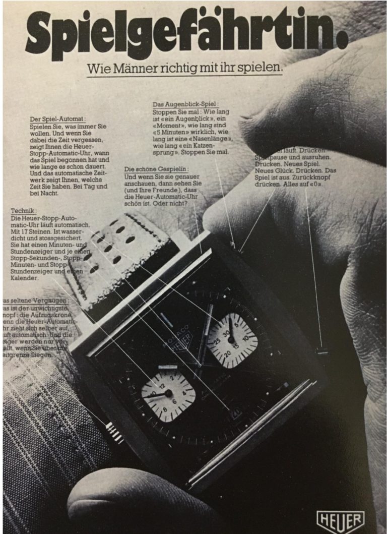 Eine alte Anzeige für den Monaco Chronographen der auf die Funktionalität hinweise