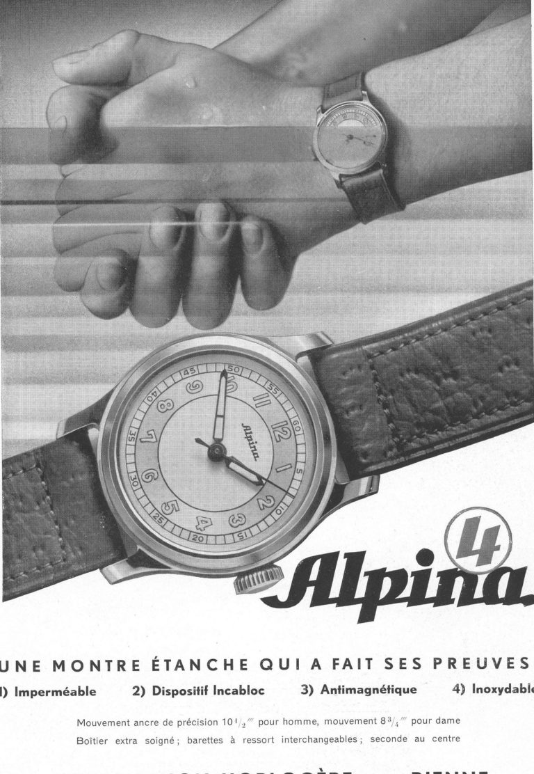 Die alte Anzeige der Alpina 4 von 1938 warb mit dem Qualitätsmerkmal "wasserdicht"