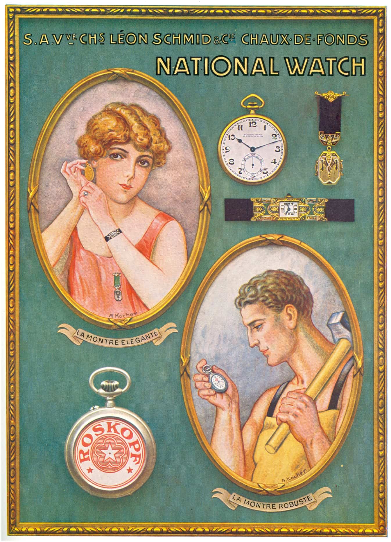 Altes Uhrenwerbemotiv von 1925: Für die Dame eine Armbanduhr und den Herren ein Zeitmesser für die Tasche