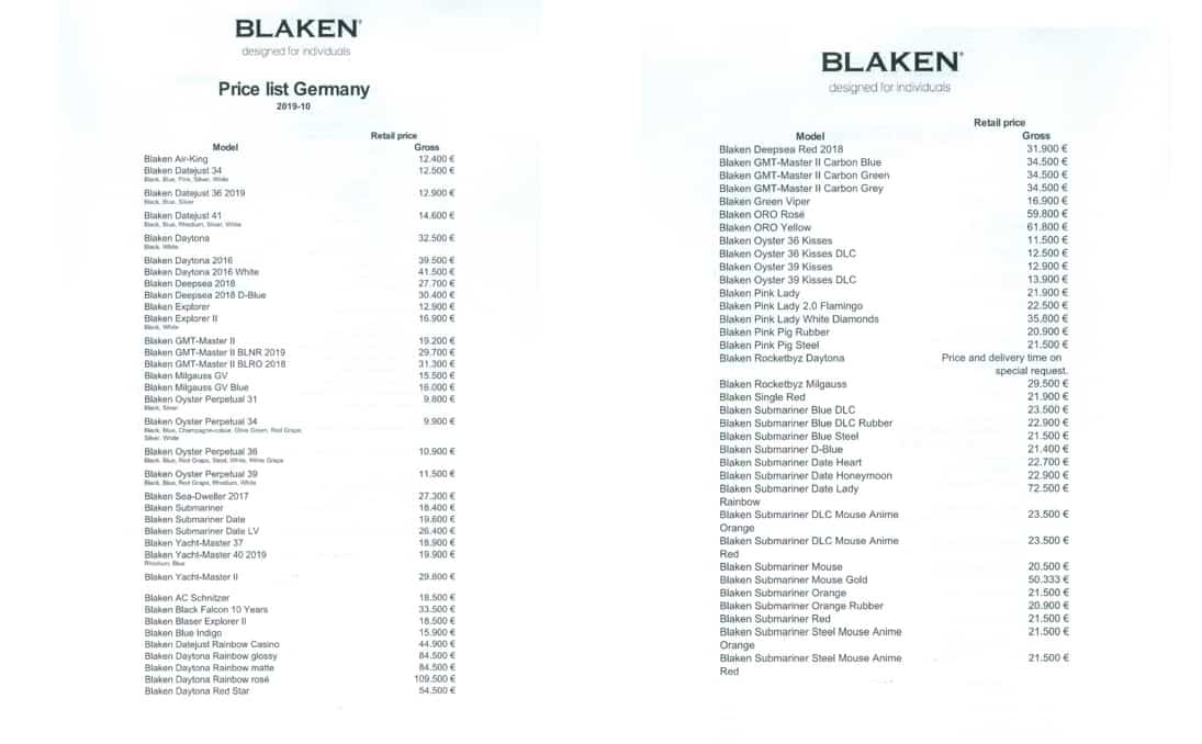 Blaken Preisliste für vom Unternehmen eingekaufte Rolex Armbanduhren 1