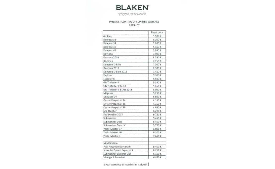 Blaken Preisliste für zugelieferte Rolex Armbanduhren