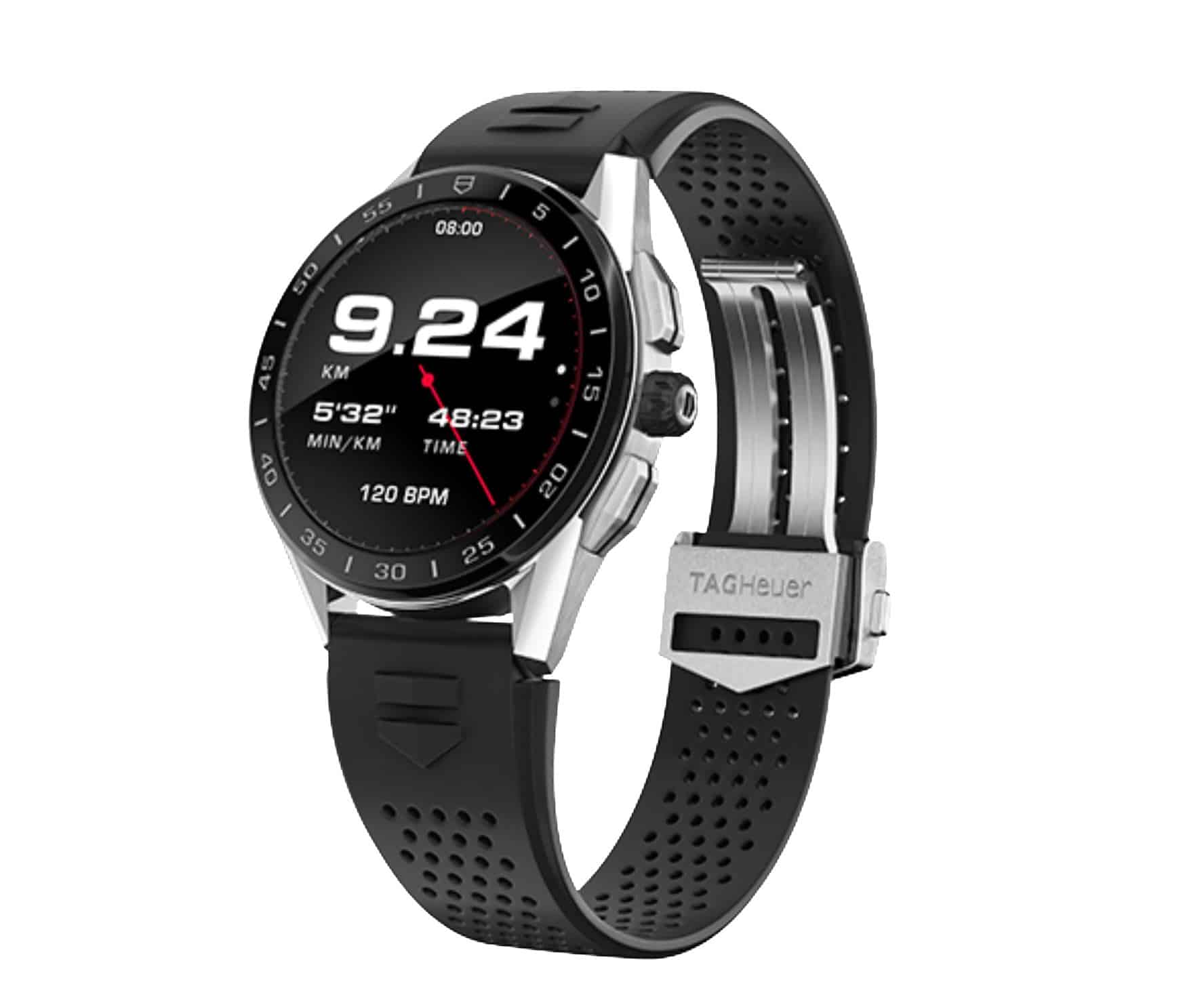Hochwertiges Kautschukarmband und Stahlschließe zeigen die TAG Heuer Connected Watch als Lifestyleprodukt