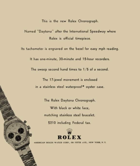 Im Jahr 1965 schaltete Rolex Anzeigen für den neuen Rolex "Daytona"-Chronographen