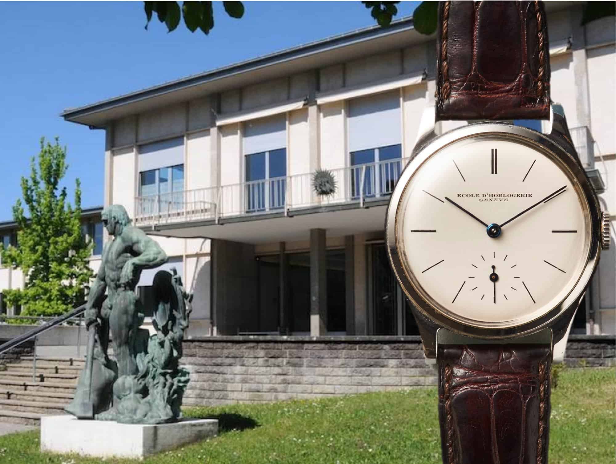 Ecole d'Horlogerie de Genève mit Schuluhr Nr. 79, Uhrwerk und Gehäuse Patek Philippe