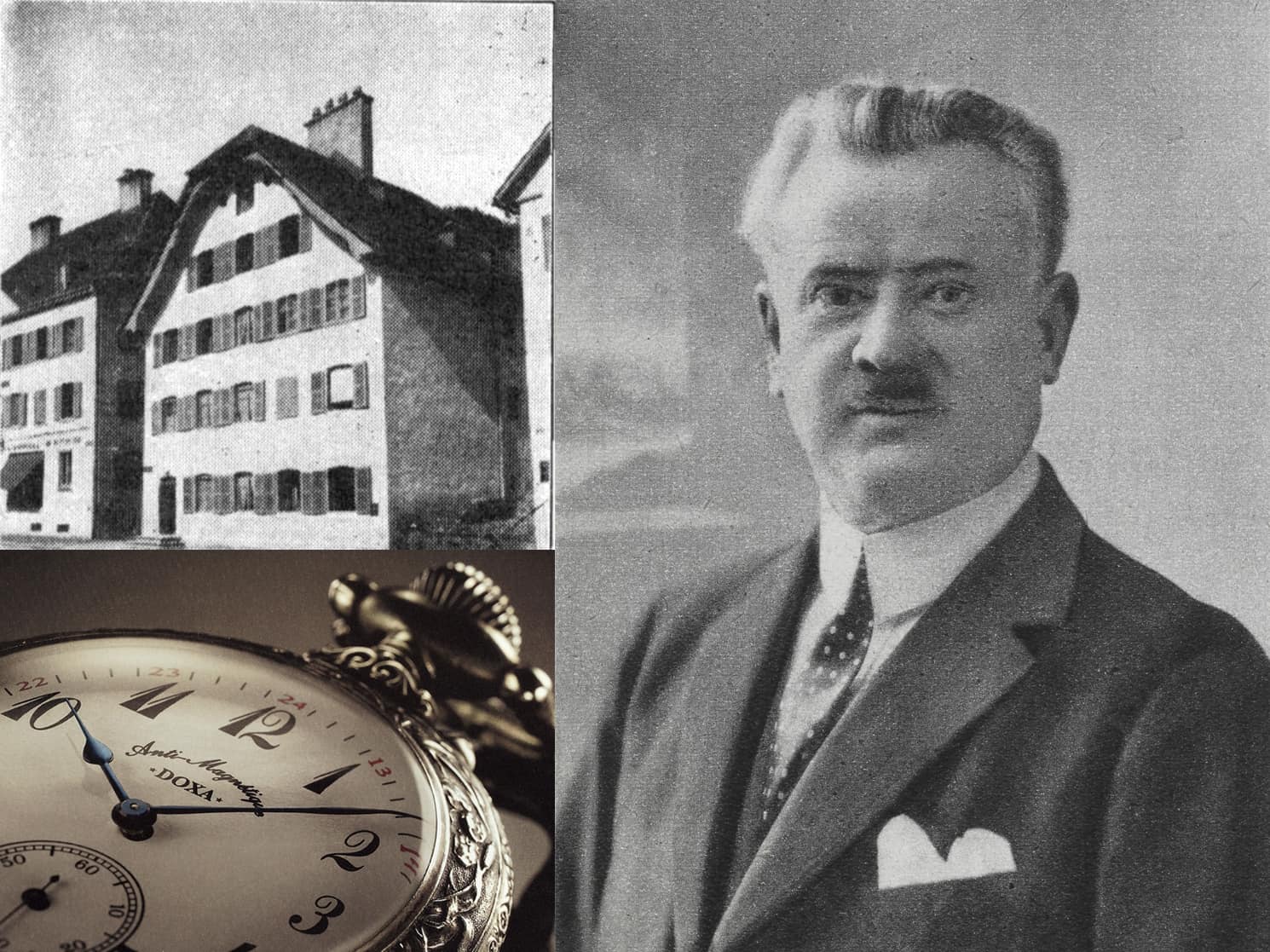 Gründer Georges Ducommun und ein Modell einer Doxa Taschenuhr