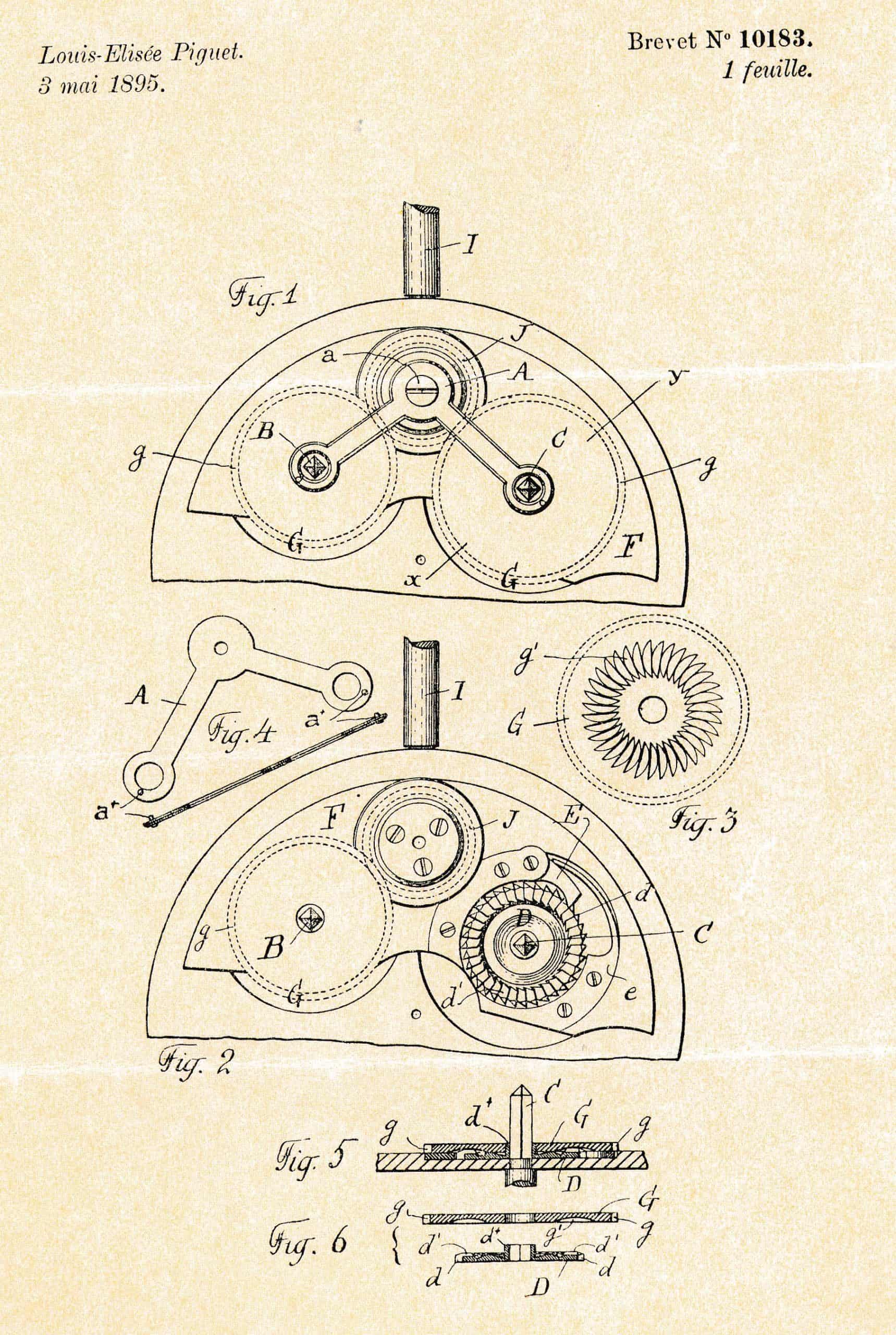 Patentierter Aufzugsmechanismus von Louis Elisée Piguet mit zwei Federhäusern von 1895