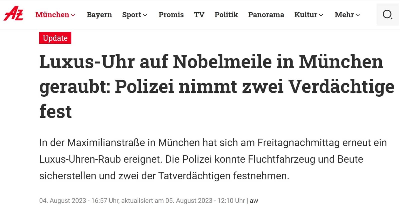 Uhrendiebstahl in München AZ Zeitungsmeldung