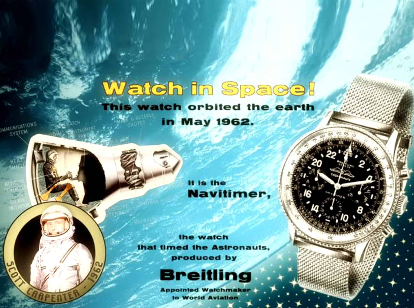 Anzeige für den Breitling Navitimer Cosmonaute in den USA von 1963 mit Aurora 7 und Scott Carpenter