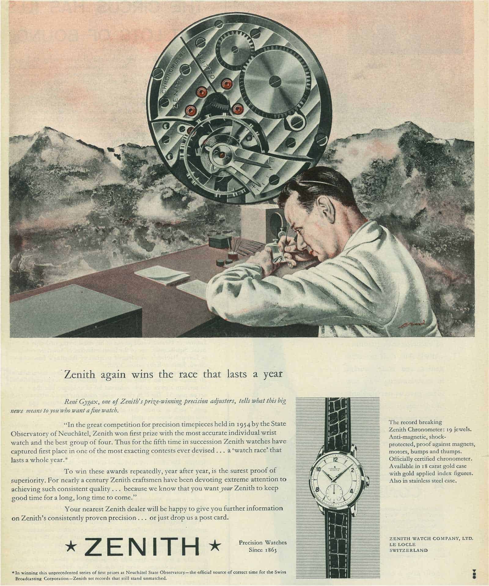 Zenith Anzeige 1955 Regleur René Gygax und Kaliber 135-O