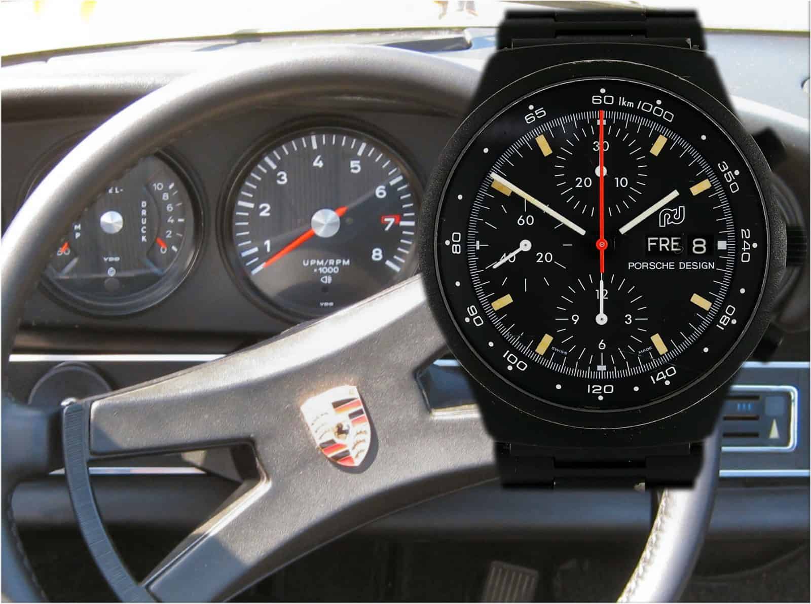 Porsche 911 Cockpit und daneben das Zifferblatt des Porsche Design Chronographen