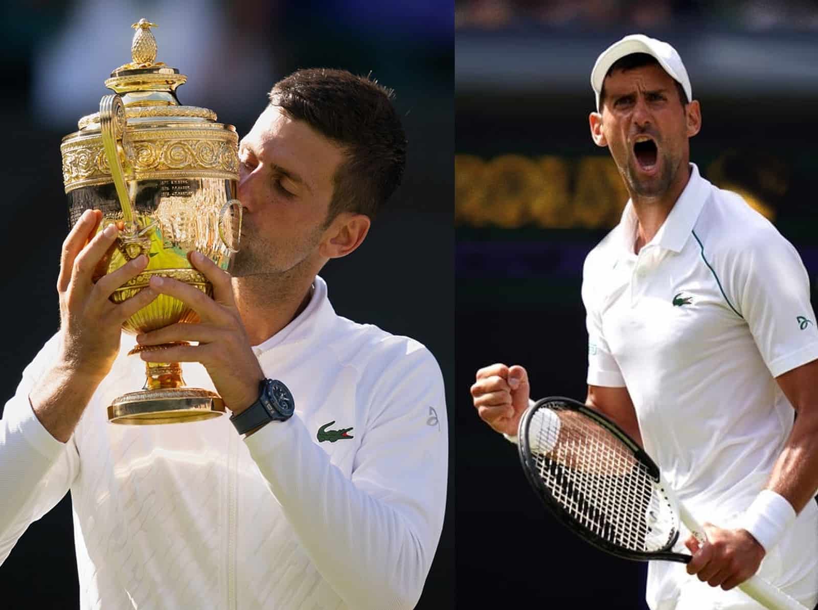Novak Djokovic mit Hublot Uhr und Wimbledon Pokal