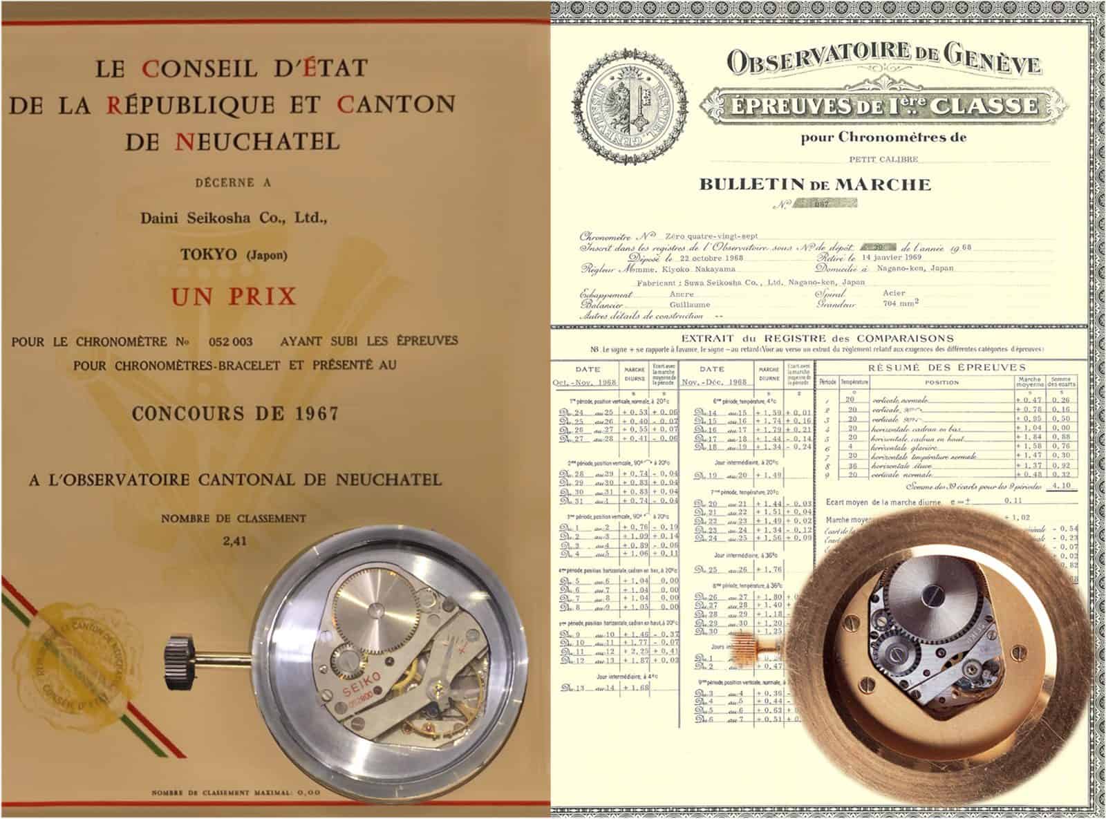 Gangscheine fuer Seiko Chronometer 1967 Neuchatel und 1968 Genf