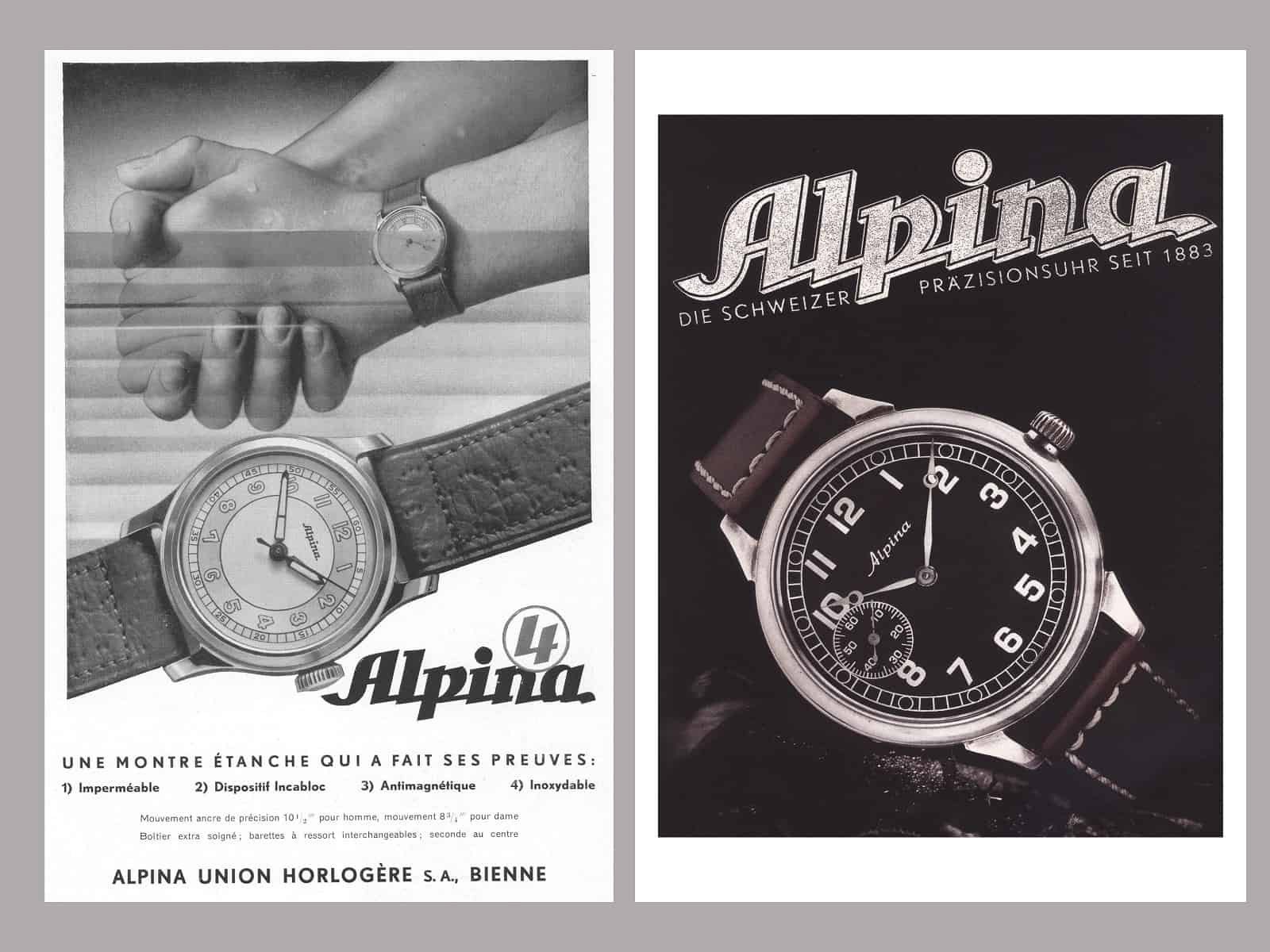 Wasserdichte Alpina 4 und Alpina Fliegeruhr mit patentierter wasserdichten Krone