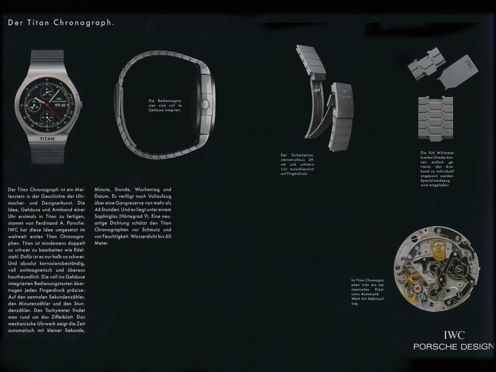Gehäuse, Armband, Schließe, Uhrwerk und Zifferblatt des Titan Chronograph 3702 von Porsche Design