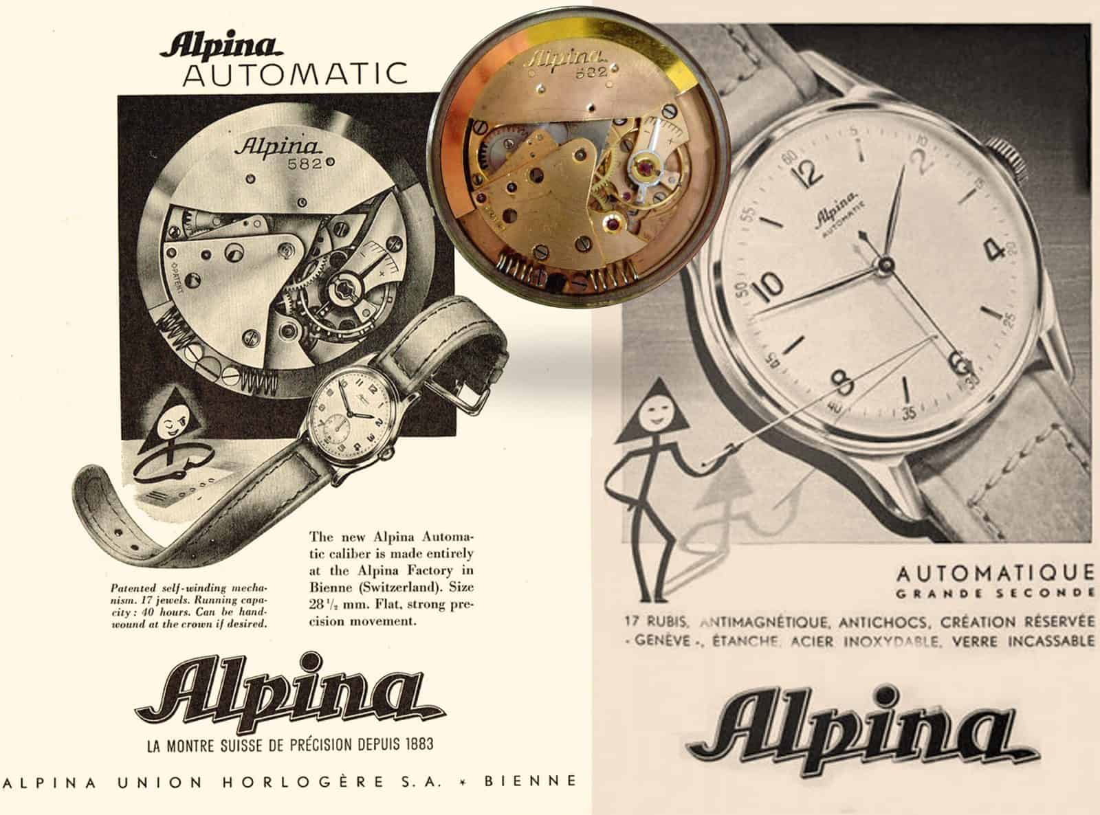 Anzeigen für die Alpina Automatik-Armbanduhren aus den späten 1940-er Jahren. Kaliber 582 