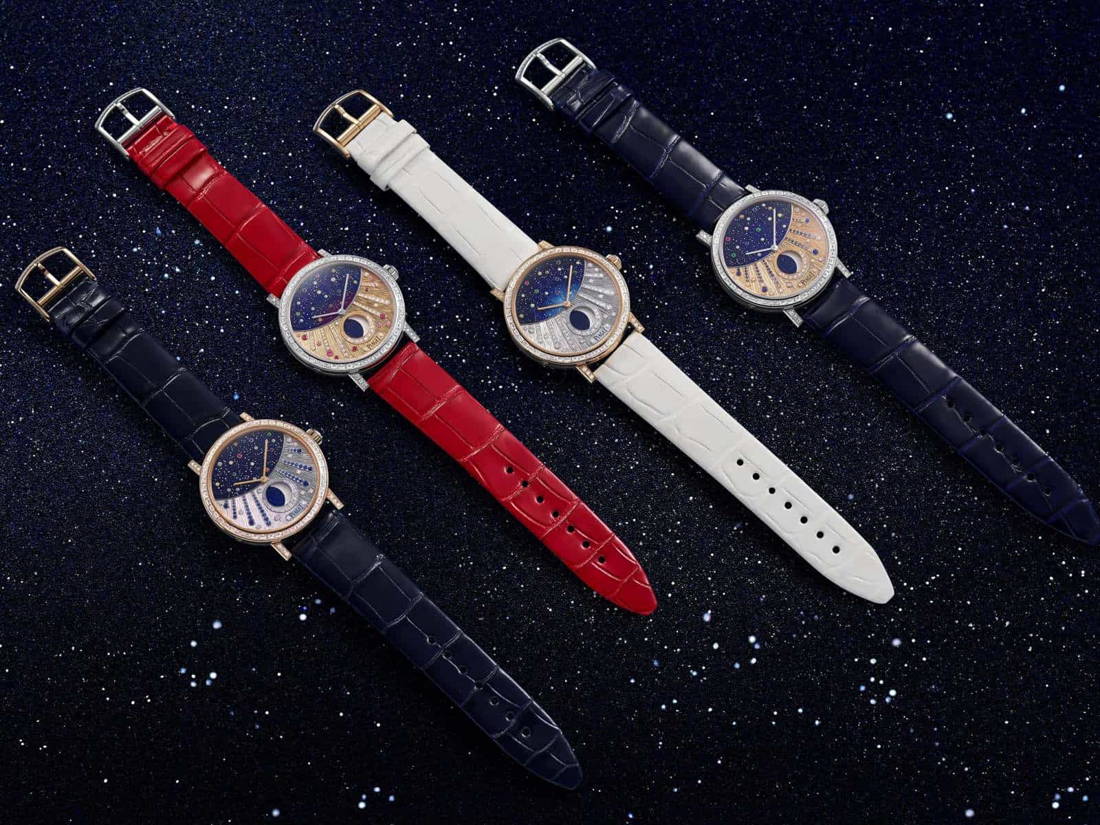 Vier verschiedene Piaget Metiers d'Art Modelle der superflachen Altiplano Uhr mit Mondphase