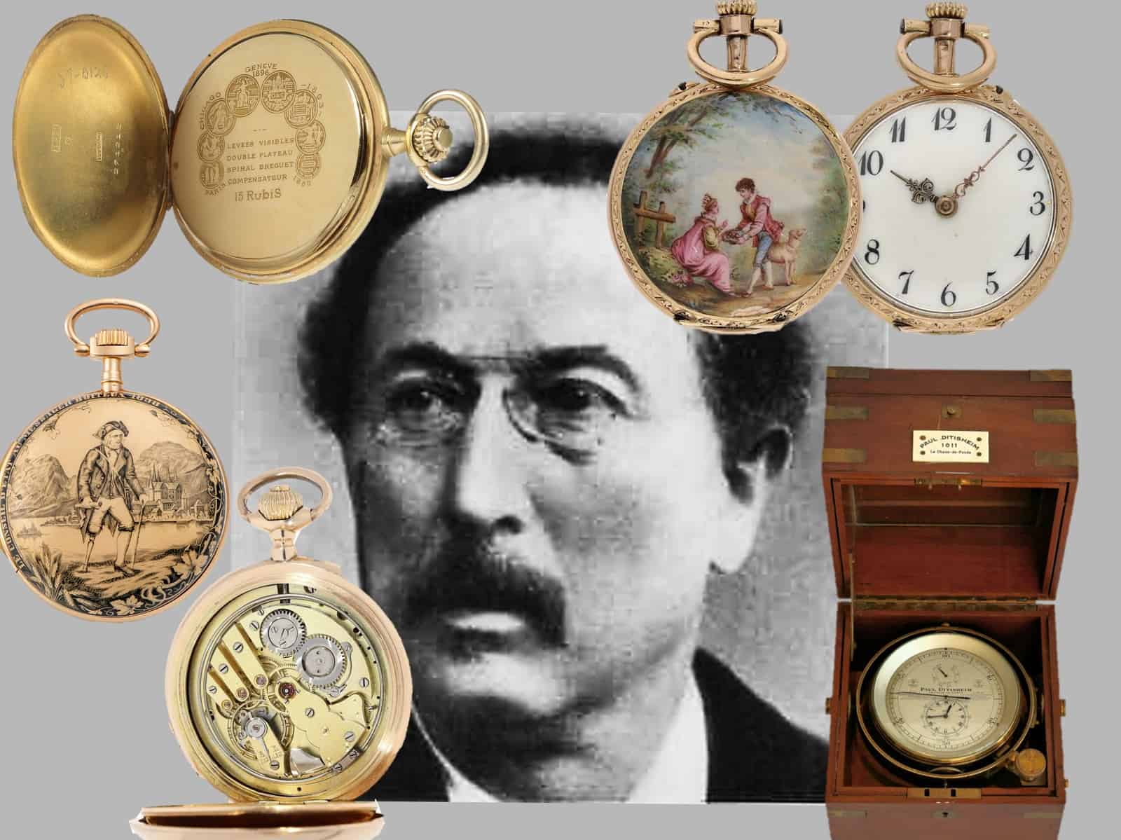 Ditisheim Taschenuhren und Marinechronometer mit Bildnis von Maurice Ditisheim
