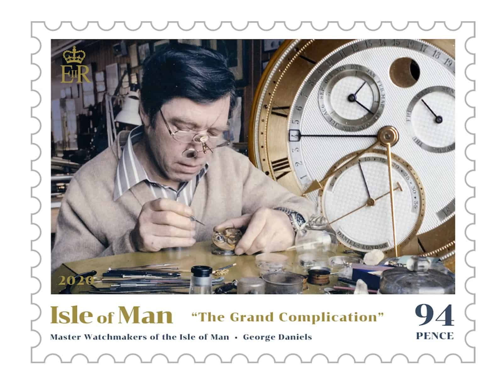Isle of Man Briefmarke zu Ehren von George Daniels und der Grand Complication Taschenuhr