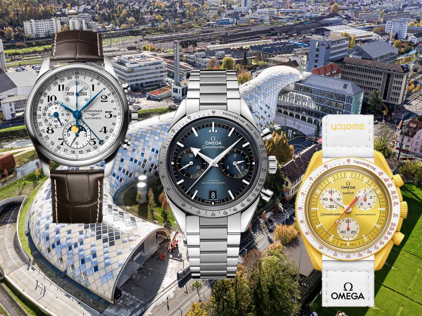 Swatch Group Hauptsitz in Biel mit Omega, Longines und MoonSwatch Uhr