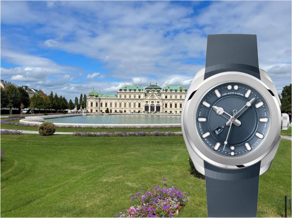 Die neue Carl Suchy Belvedere in Blau vor dem Wiener Schloss Belvedere