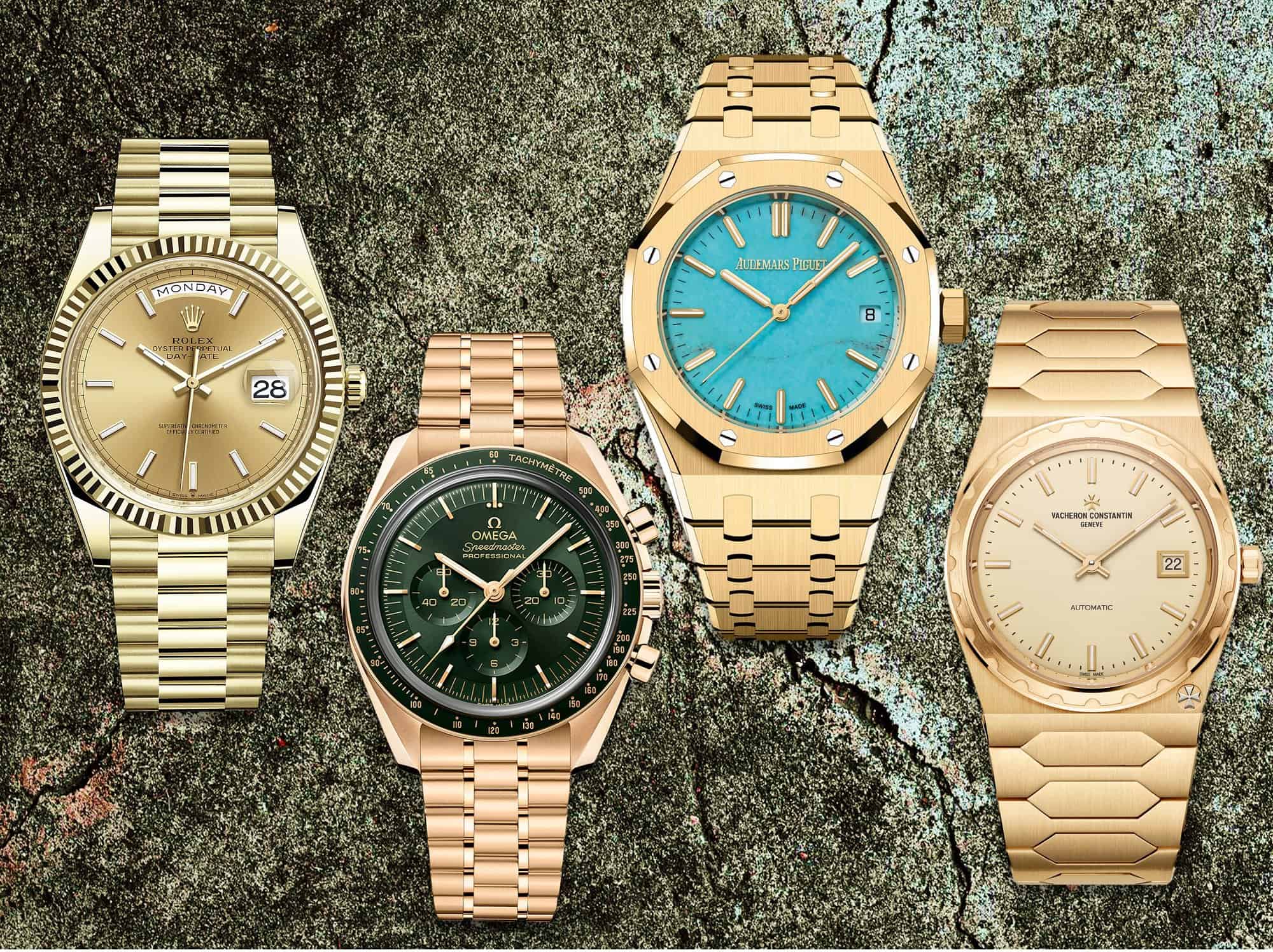 4 zeitlose edle Golduhren Uhrenklassiker von Rolex, Omega, Audemars Piguet und Vacheron Constantin