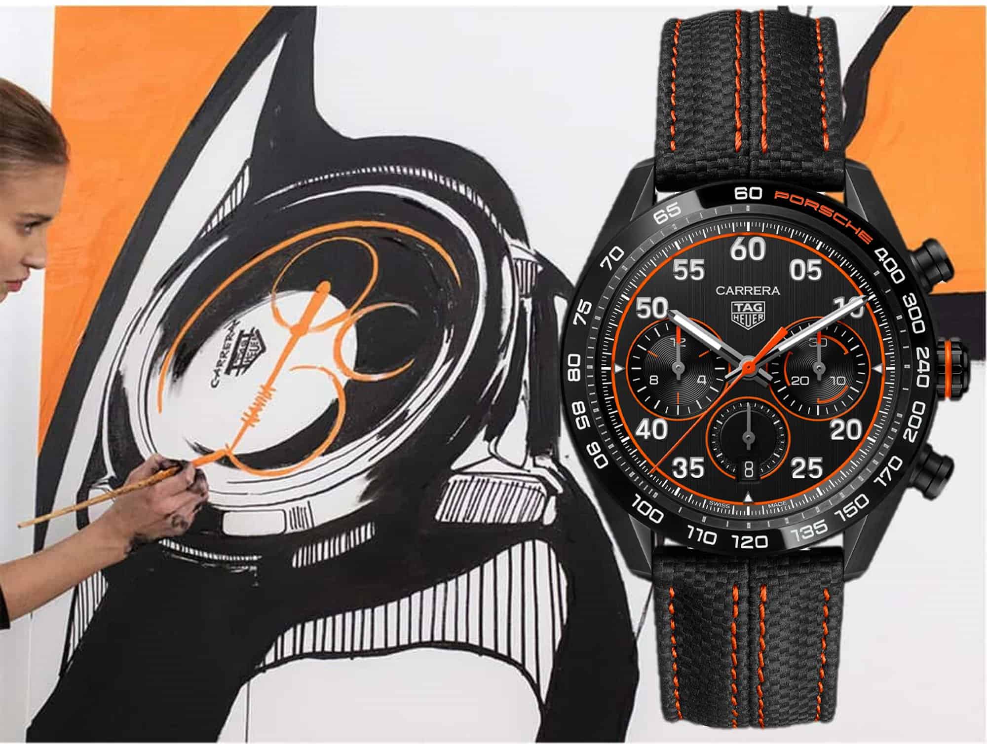 Künstlerin Hanna Schönwald und der TAG Heuer Carrera Chronograph x Porsche Orange Racing