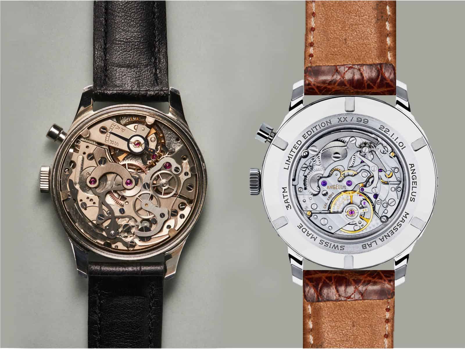 Uhrwerke des Angelus Medical Chronograph 1960 und Chronographe Médical x Massena LAB. 2023 