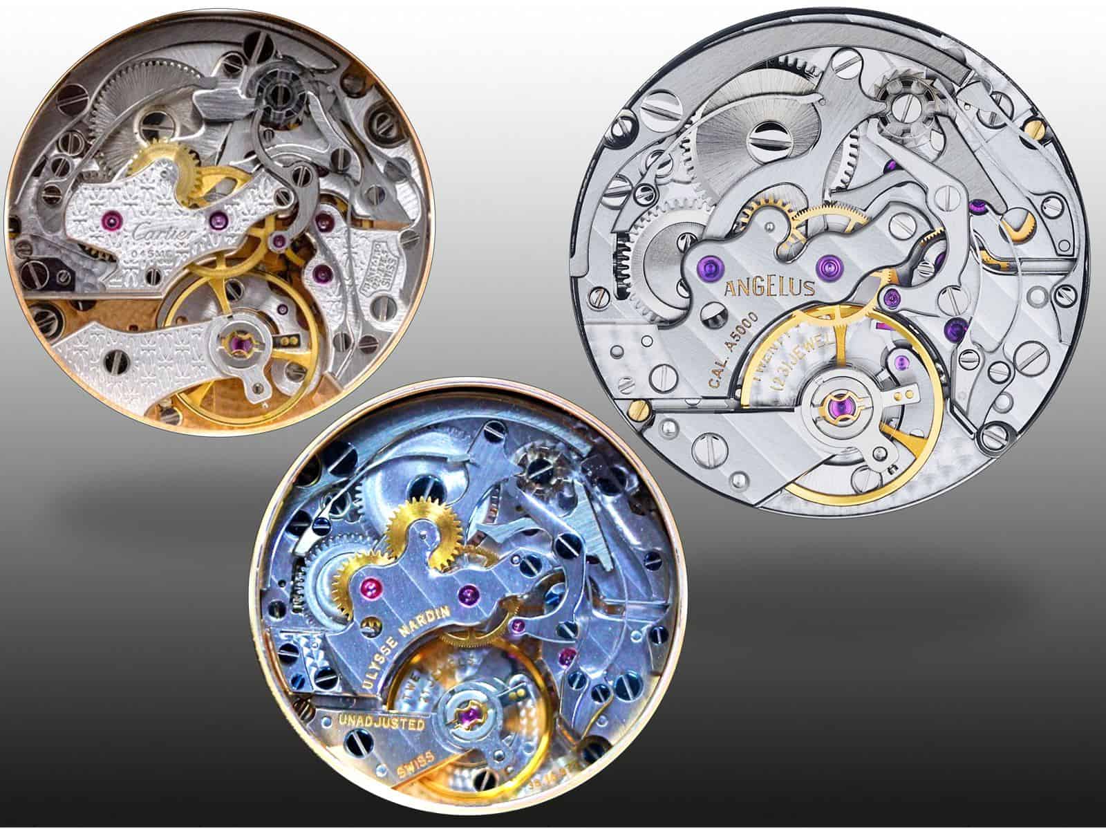 Chronographenkaliber Cartier 045MC, Ulysse Nardin UN 38 und Angelis A5000 (C) Uhrenkosmos