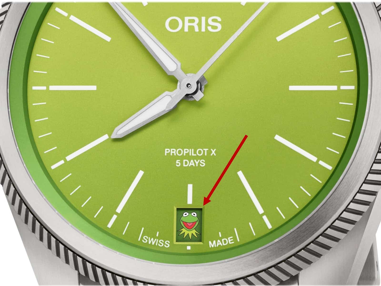 Datumsfenster der Oris ProPilot X Kermit am 1. eines Monats