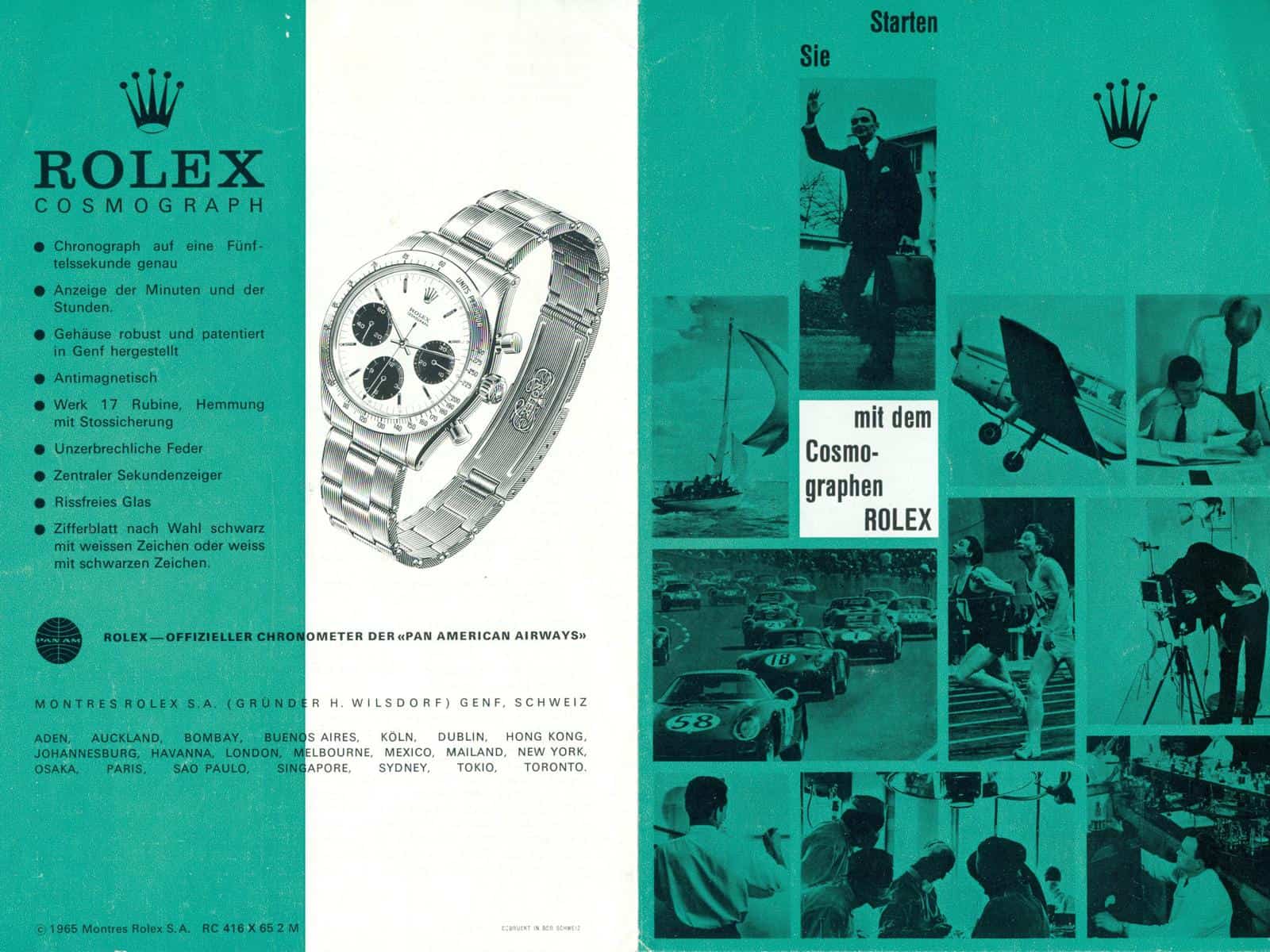 Deutscher Flyer für den Rolex Cosmograph Daytona Prospekt aus dem Jahr 1965 