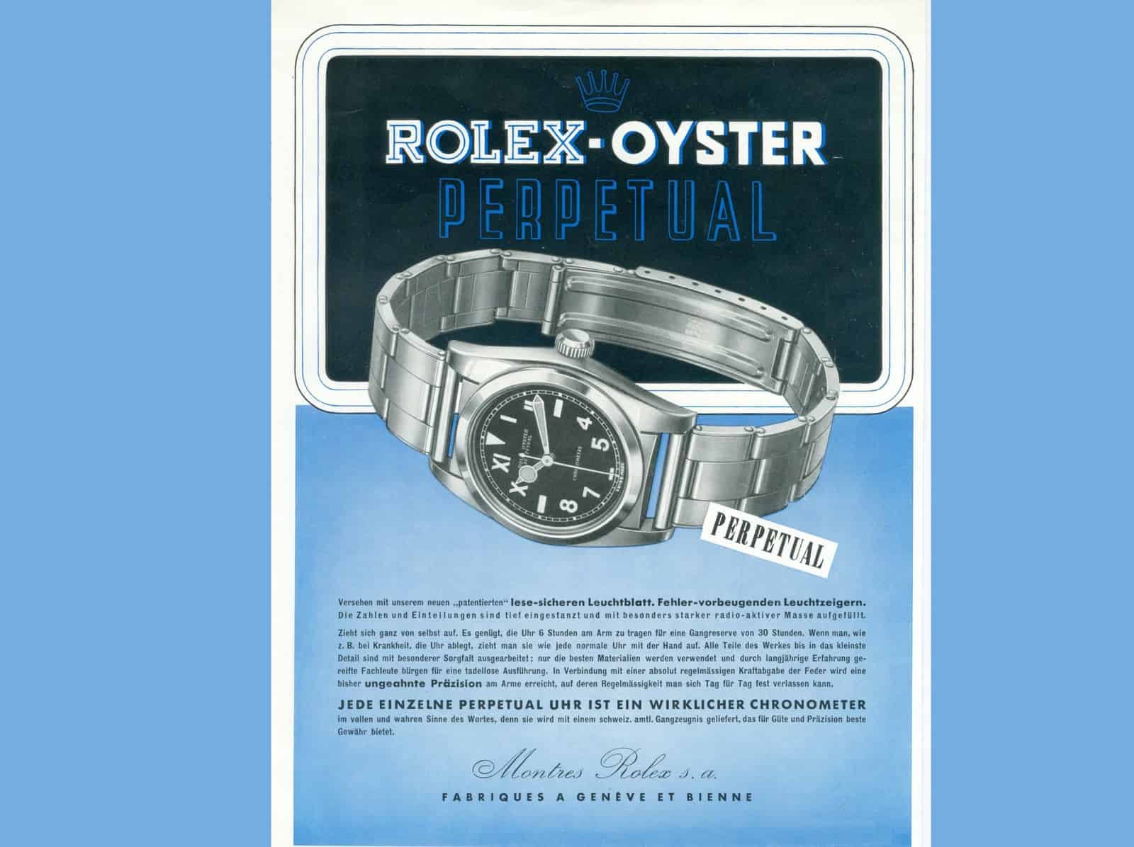 Rolex Anzeige 1943 für die Oyster Perpetual mit lese-sicherem Zifferblatt 