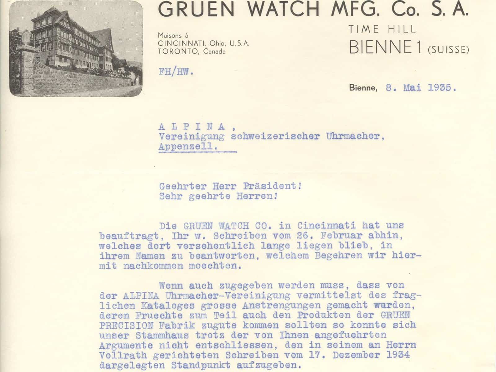 Brief Firma Gruen an Alpina 1934