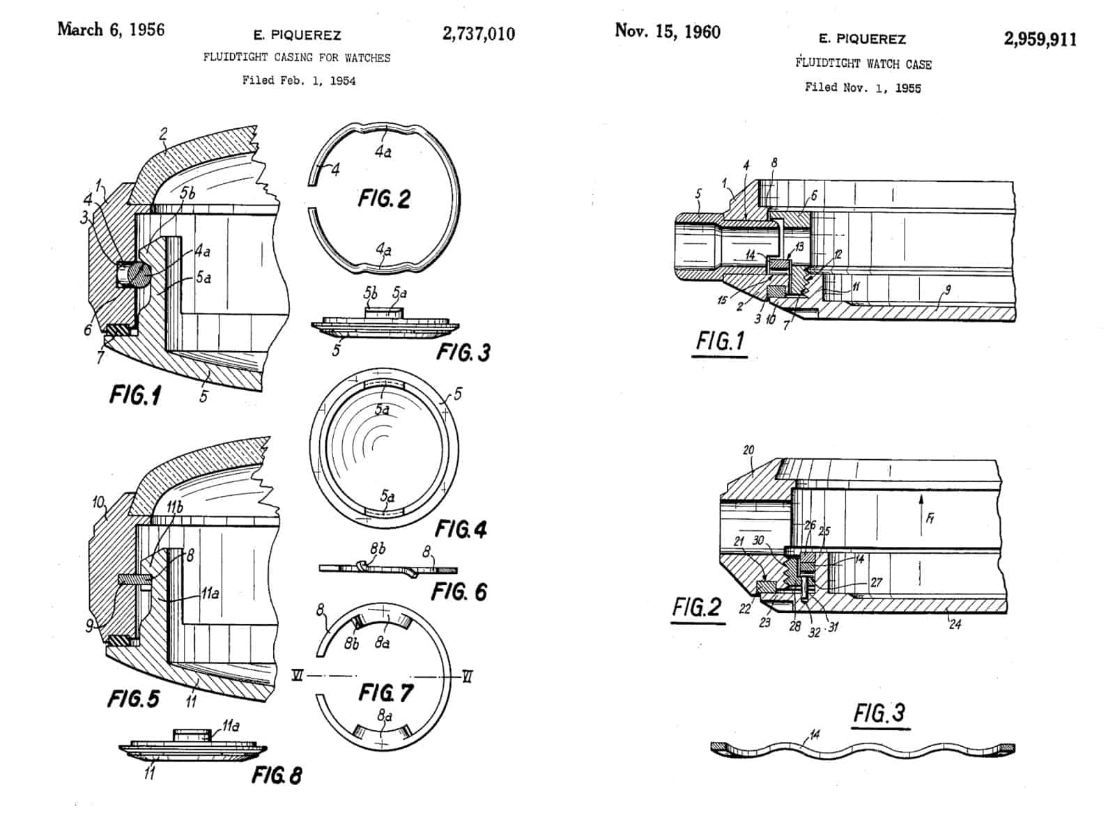 Pantentschriften von E. Piquerez von 1956 und 1960 für das Compressor-Gehäuse