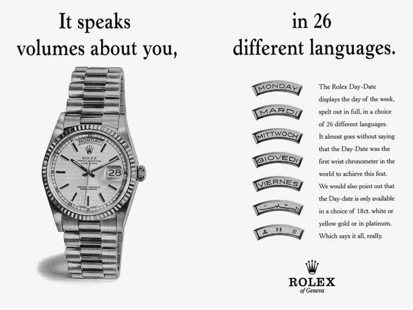 Anzeige Rolex Oyster Perpetual Day-Date 26 Sprachen