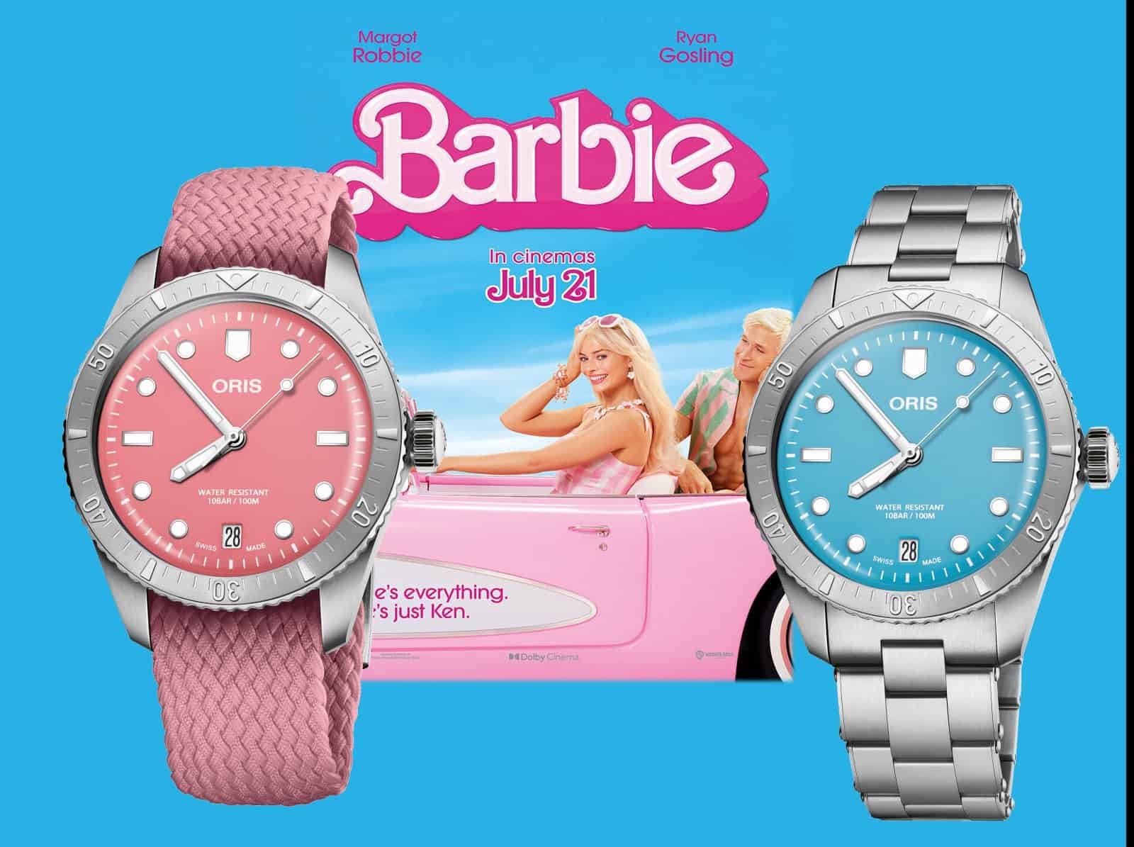 Barbie mit Oris Divers Sixty-Five Cotton Candy mit altrosa Zifferblatt und hellblauem Zifferblatt