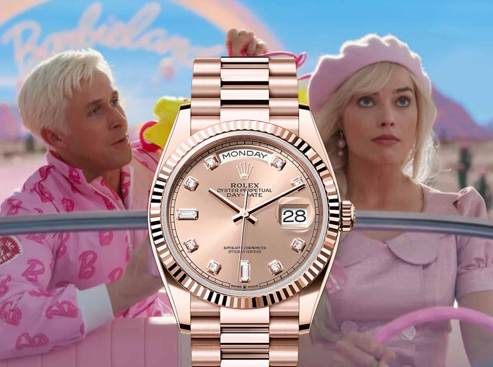 Filmplakat Barbie und Rolex Oyster Day-Date Rosegold und Diamanten Preis 40300 Euro