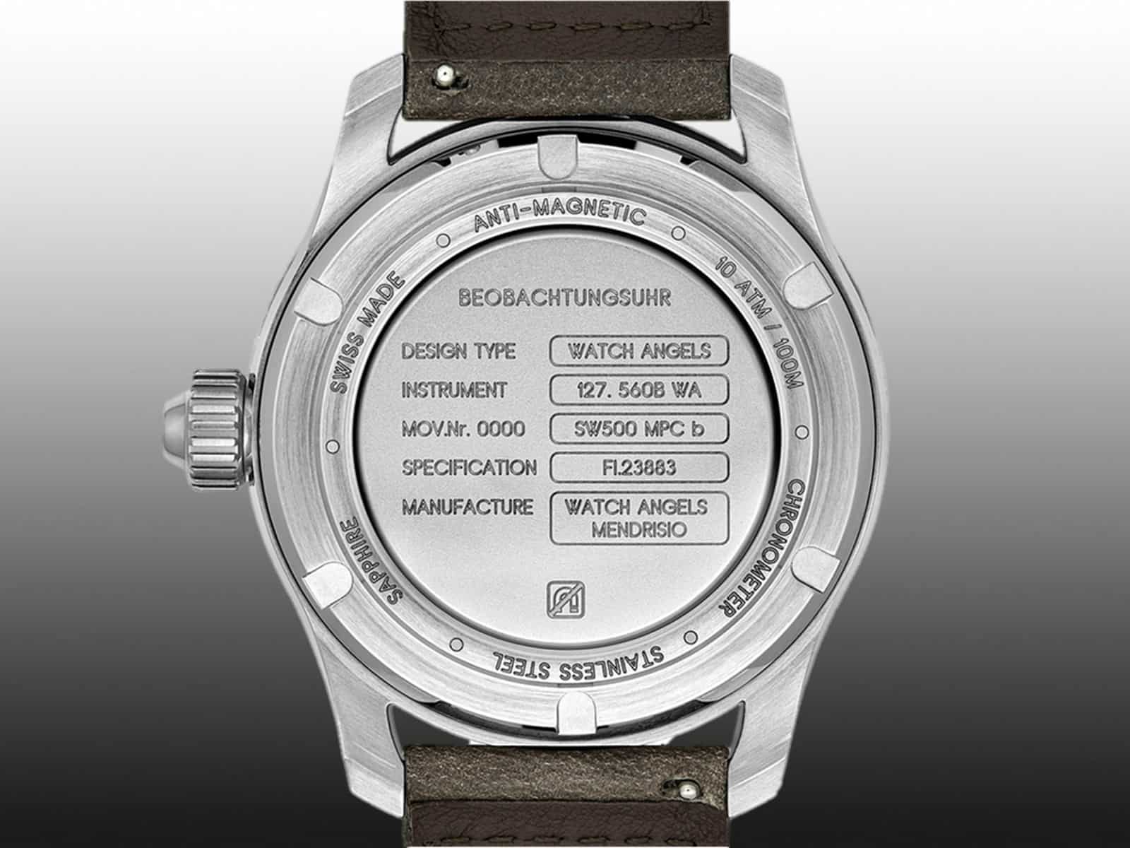 Watch Angels Design Type B-Uhr Chronograph Rückseite mit Typenschild 