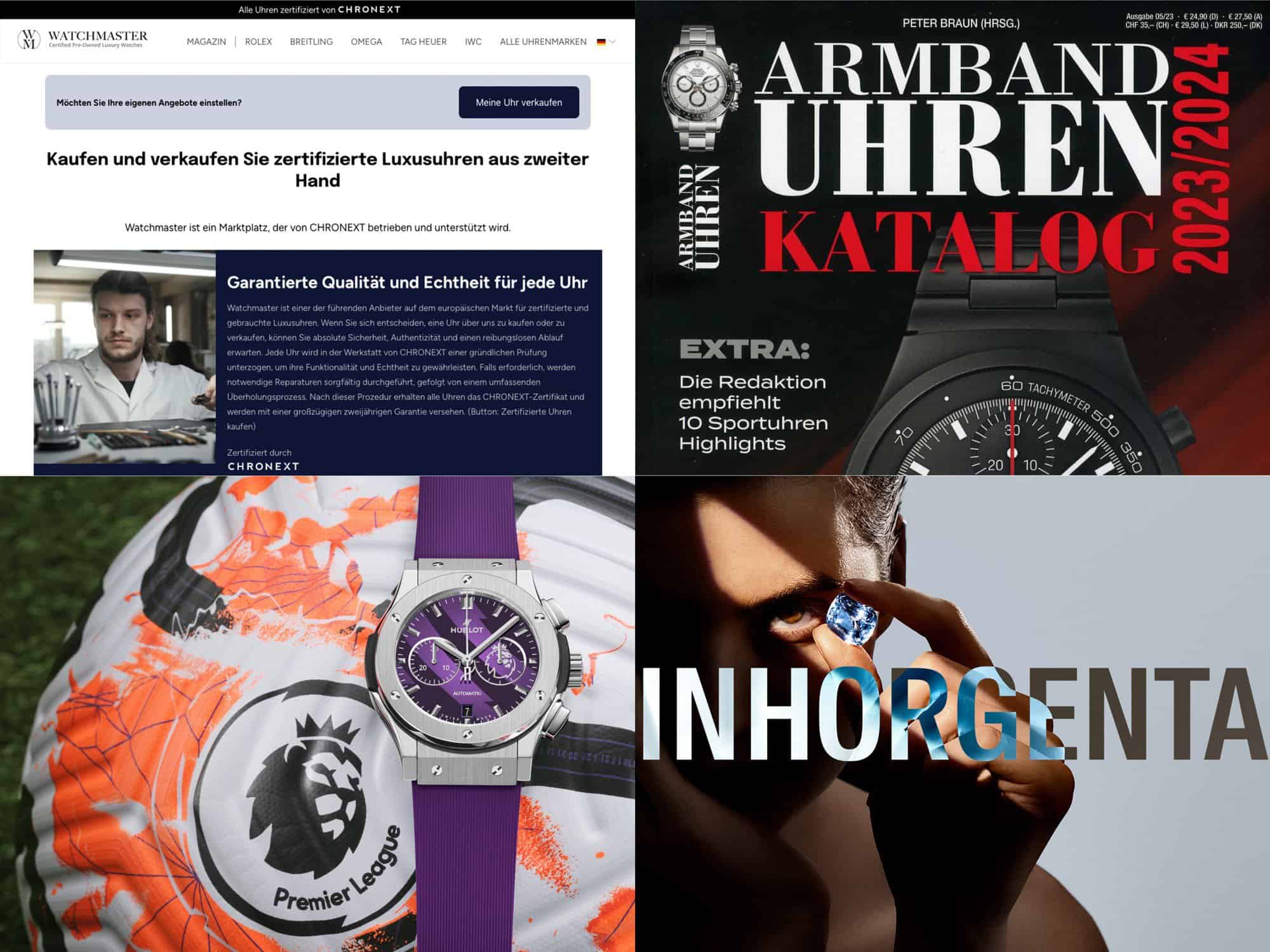 Uhrenkosmos Wochenschau: Chronext und Watchmaster, Armbanduhren Katalog 2023/2024, Inhorgenta modern und Hublot Classic Fusion Premier League