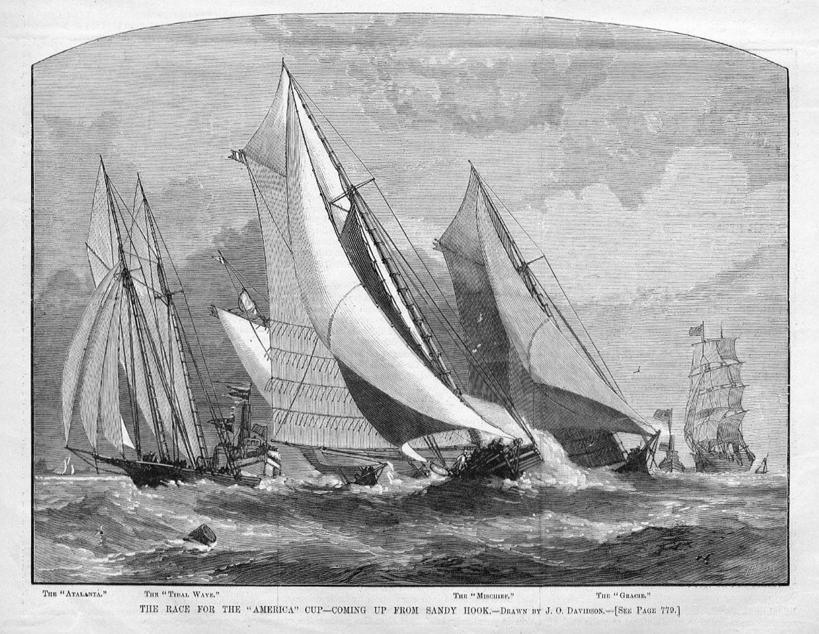 Radierung von J. O. Davidson Boote America's Cup Rennen 1881 Bild Harper's Weekly cc