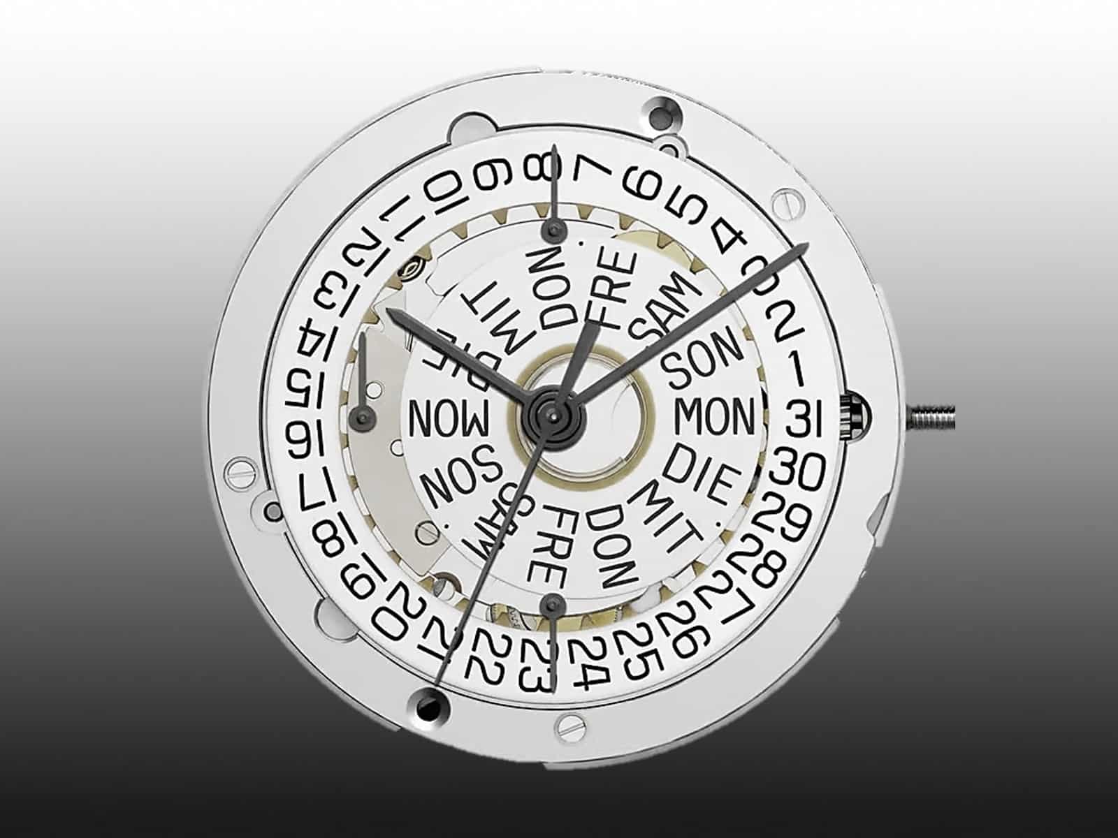 Chronographenkaliber Valjoux 7750 unter  mit Anzeige von Datum und Wochentag
