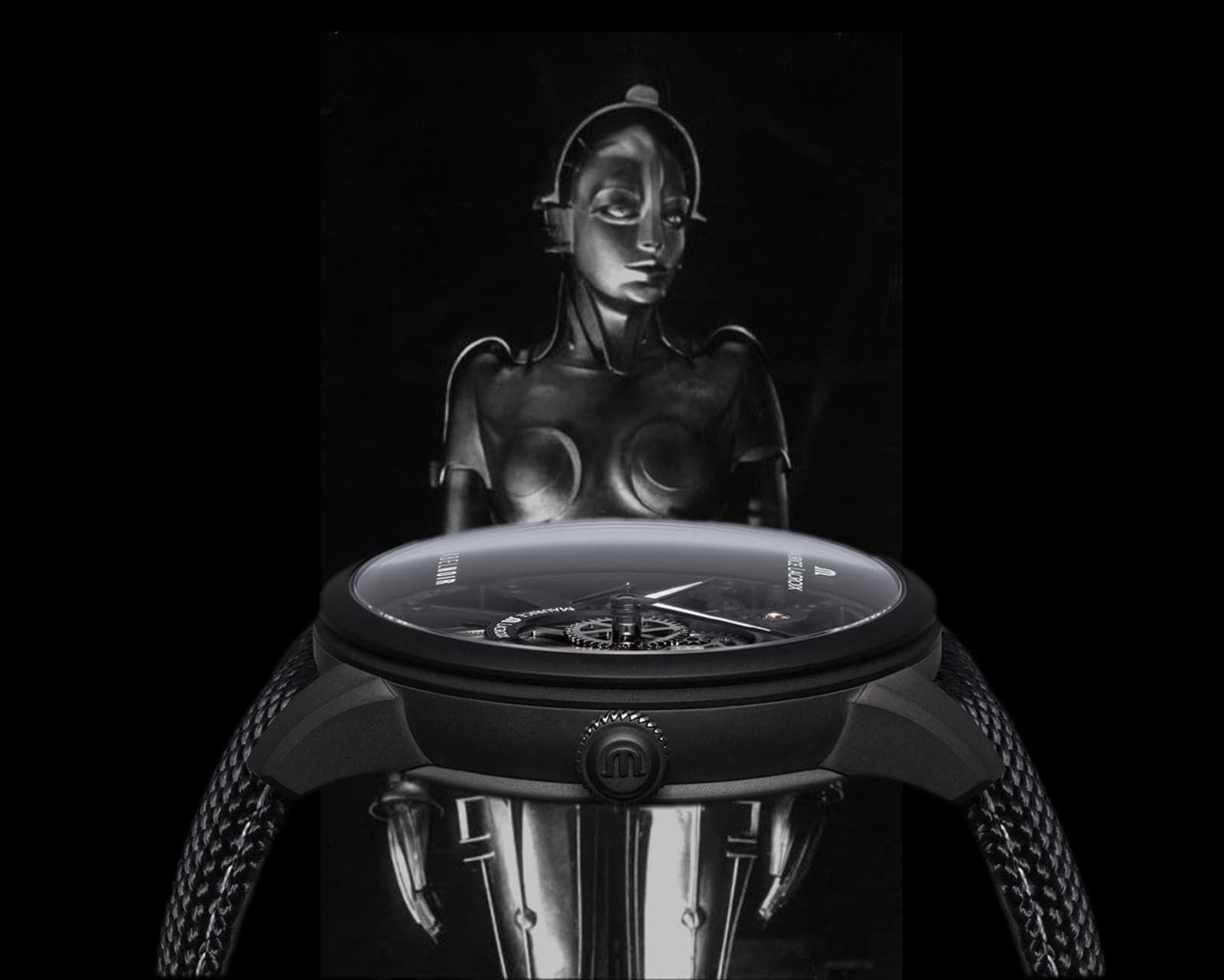 Maschinenmensch mit seitlicher Ansicht der Uhr mit gewölbtem Uhrglas