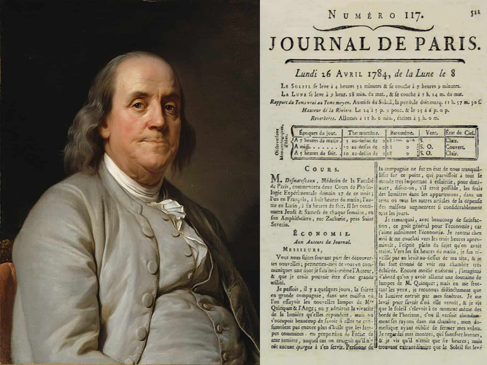 Benjamin Franklin und sein satirischer Essay über die Einführung einer Kerzenwachs sparenden Sommerzeit, 1784