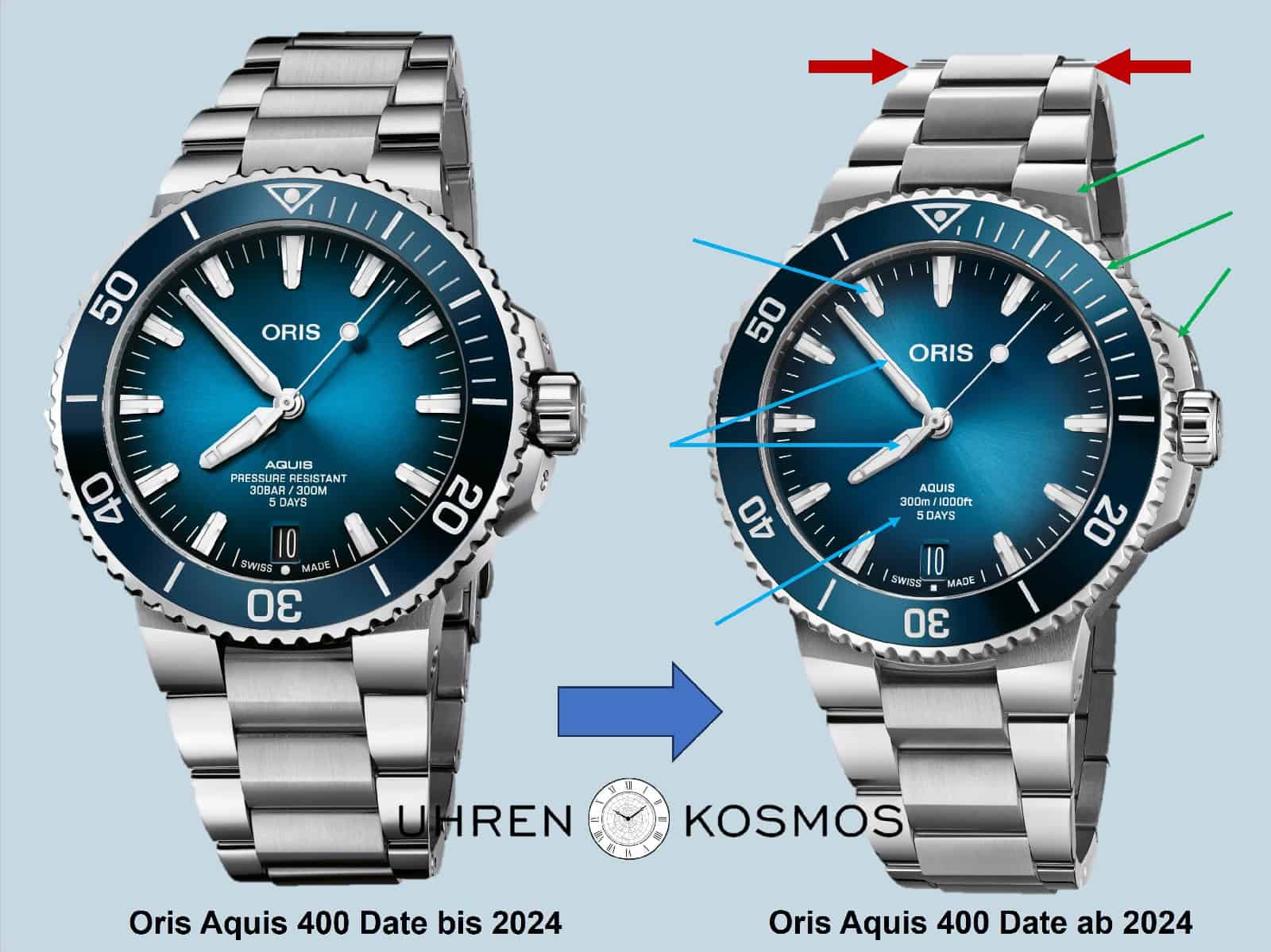 Oris Aquis Date Cal. 400 Vergleich vor und ab 2024 (C) Uhrenkosmos