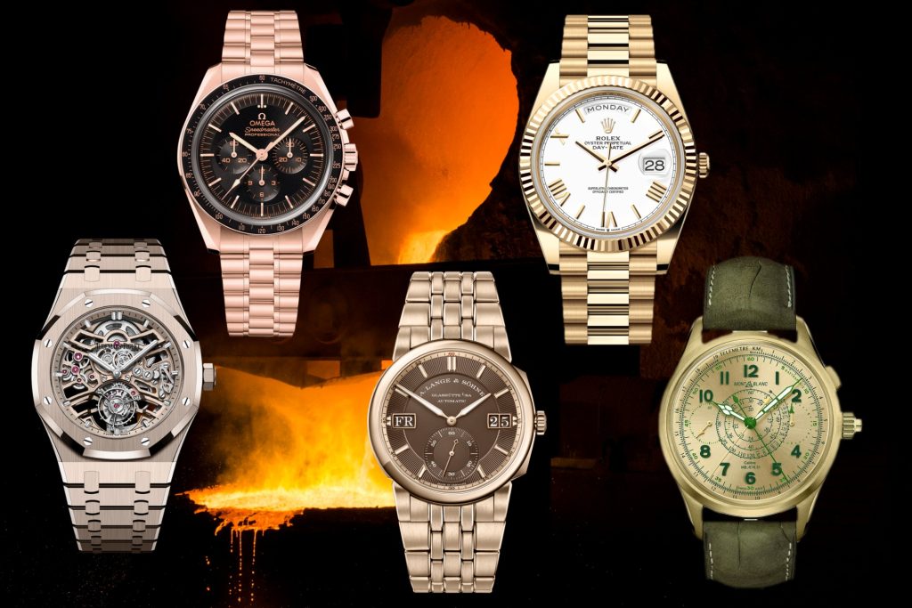 Golduhren und Goldlegierungen mit Audemars Piguet Sand Gold, A. Lange & Söhne Honeygold, Omega Sedna-Gold, Rolex Gelbgold und Montblanc Lime Gold.